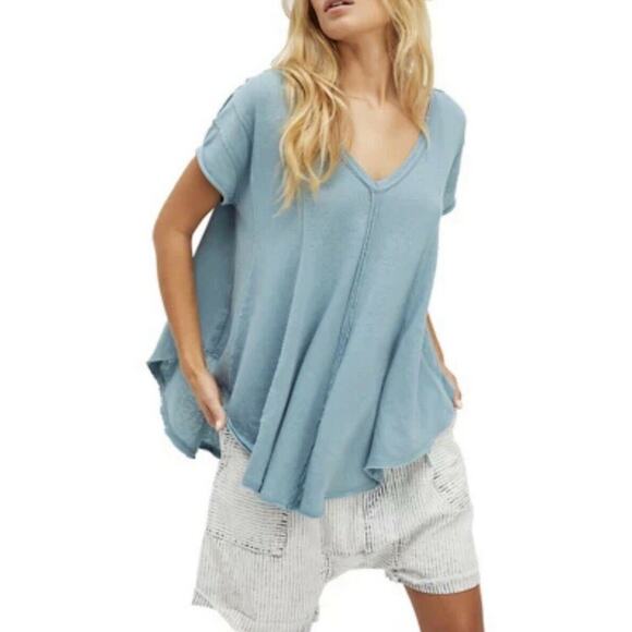 We The Free Sammie Pleated Top Woman’s Sz L Aqua Blue Oversized Raw Edge Pleated - Picture 1 of 9